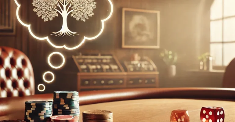 DALL·E-2025-01-19-18.30.22-A-realistic-and-natural-scene-of-a-poker-table-with-cards-chips-and-dice-placed-neatly.-The-setting-is-warm-and-inviting-with-soft-lighting-that-hi